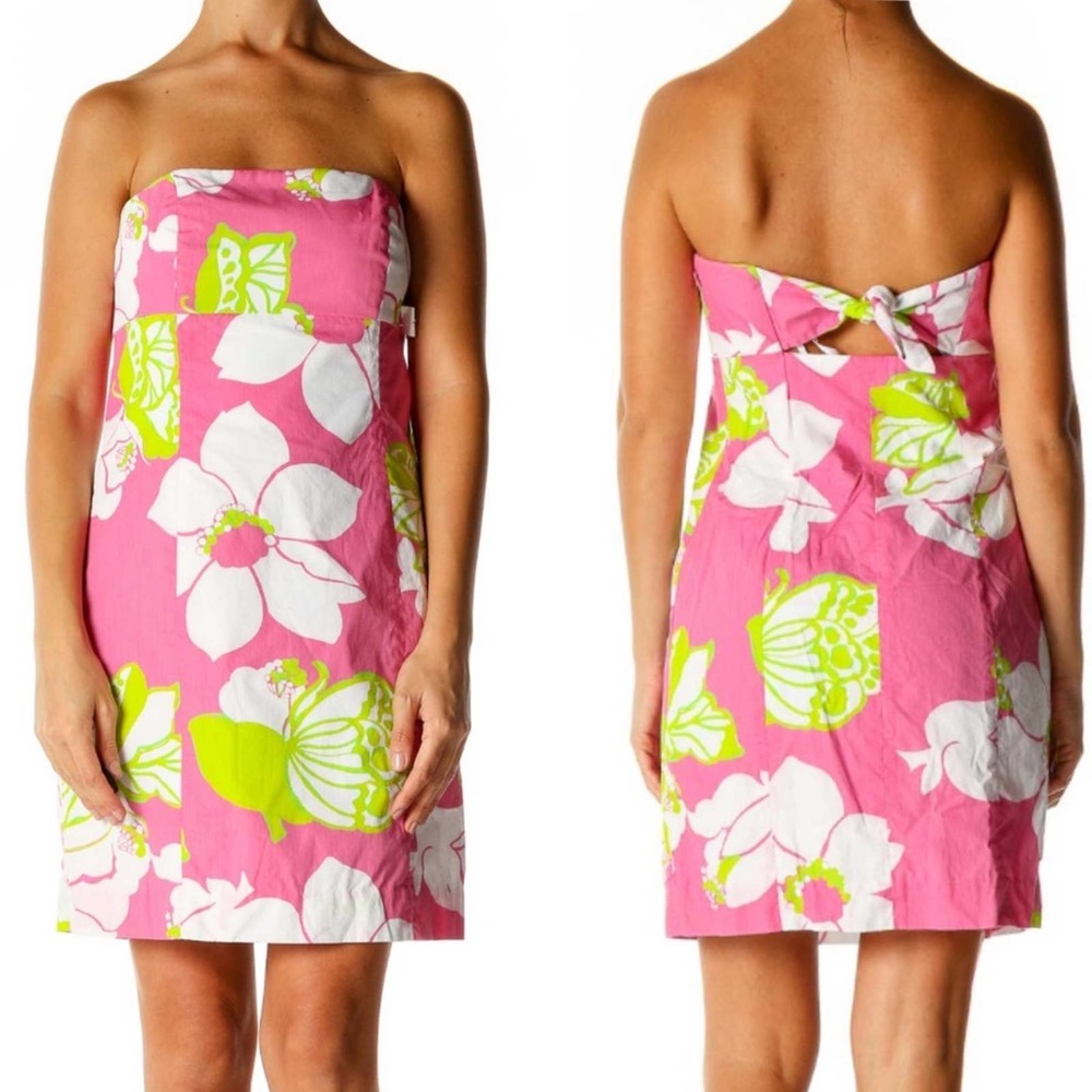 Lilly Pulitzer pink, white & green floral strapless cotton dress w/back tie sz 6